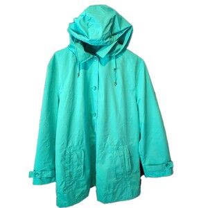 KORET Women's Button Down Rain Coat XL Jacket Removable Hood Pockets Turquoise